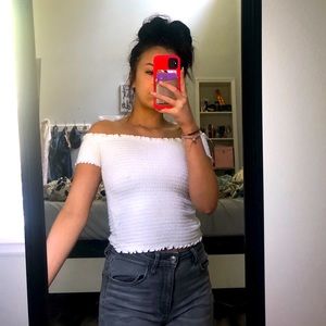 fitted off the shoulder white top